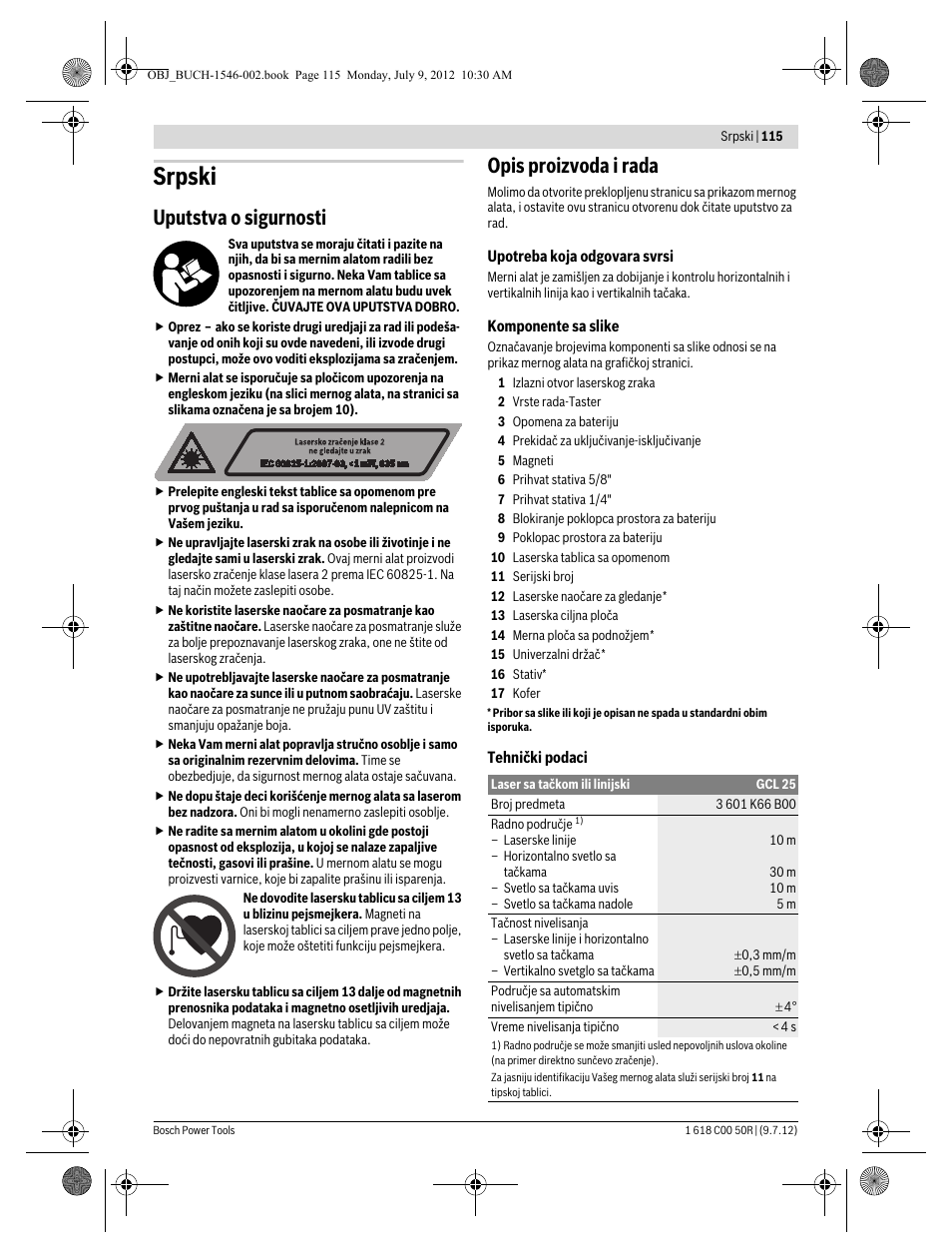 Srpski, Uputstva o sigurnosti, Opis proizvoda i rada | Bosch GCL 25 Professional User Manual | Page 115 / 190