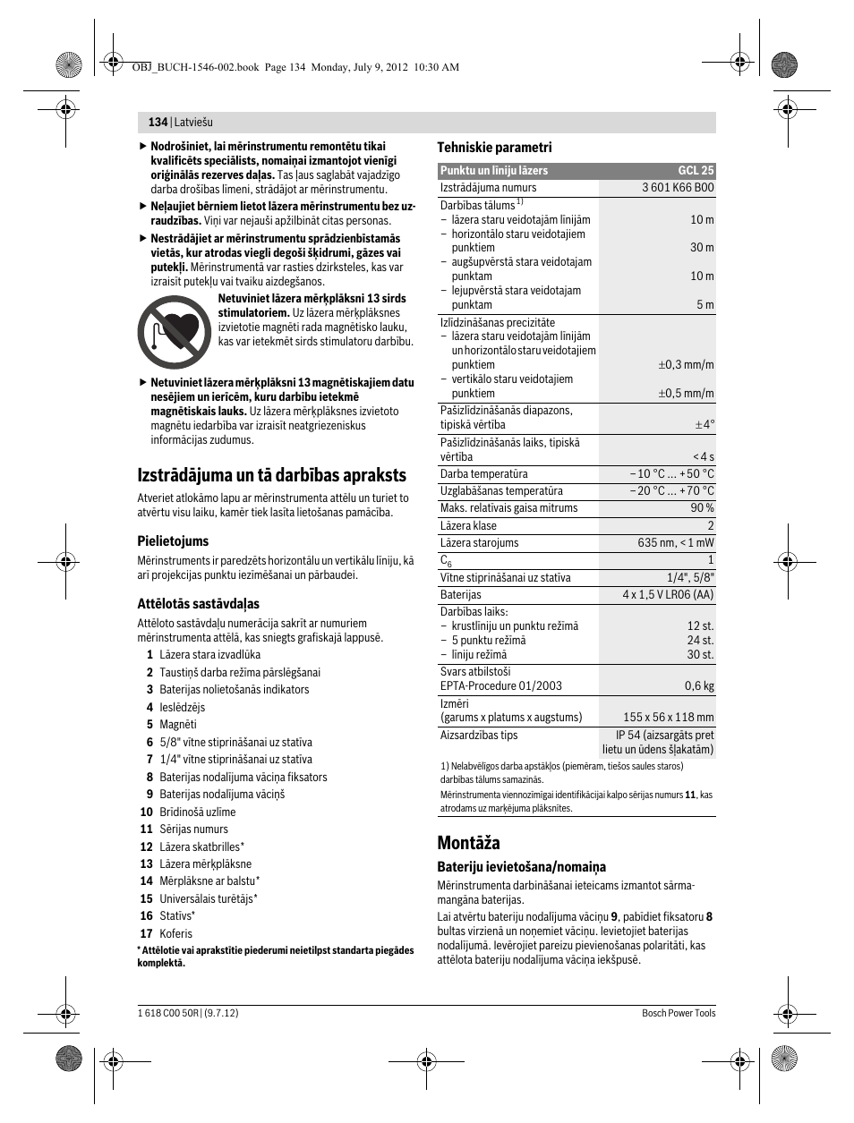 Izstrādājuma un tā darbības apraksts, Montāža | Bosch GCL 25 Professional User Manual | Page 134 / 190