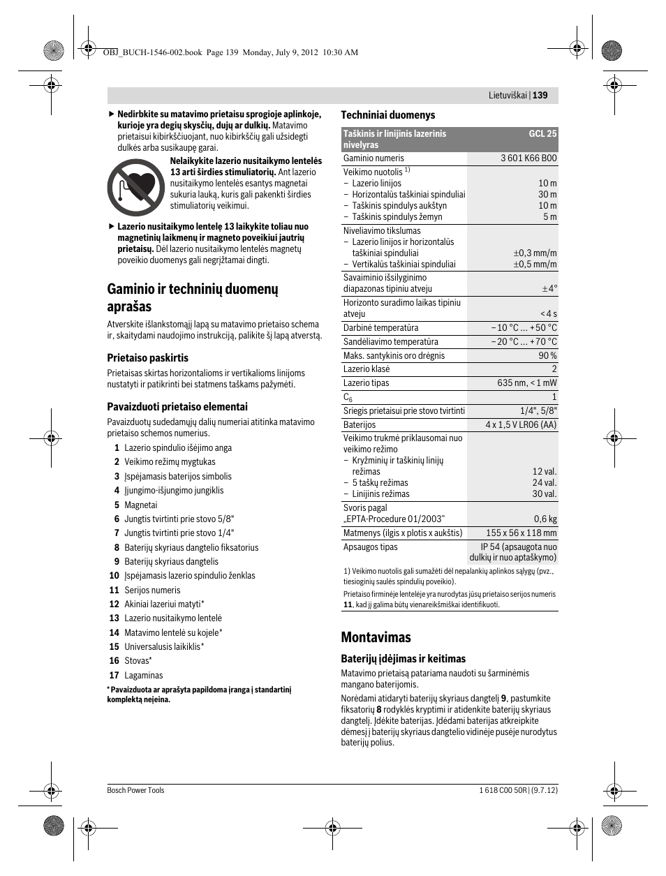 Gaminio ir techninių duomenų aprašas, Montavimas | Bosch GCL 25 Professional User Manual | Page 139 / 190