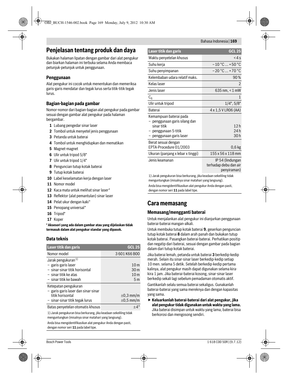 Penjelasan tentang produk dan daya, Cara memasang | Bosch GCL 25 Professional User Manual | Page 169 / 190