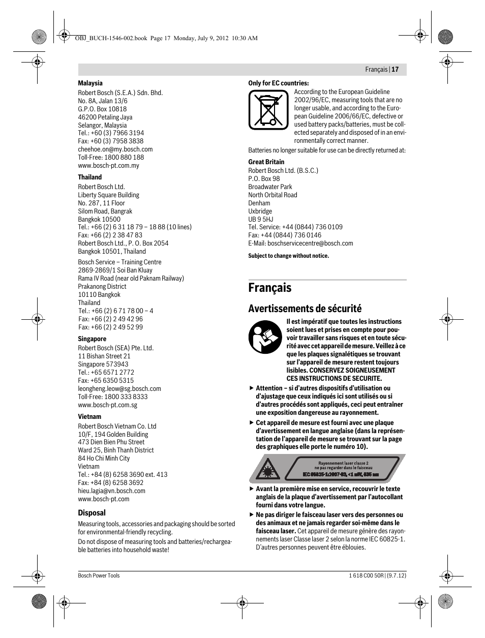 Français, Avertissements de sécurité | Bosch GCL 25 Professional User Manual | Page 17 / 190