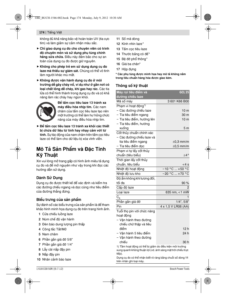 Mä tω sωn ph¤m vμ [◊c tflnh kþ thuÿt | Bosch GCL 25 Professional User Manual | Page 174 / 190