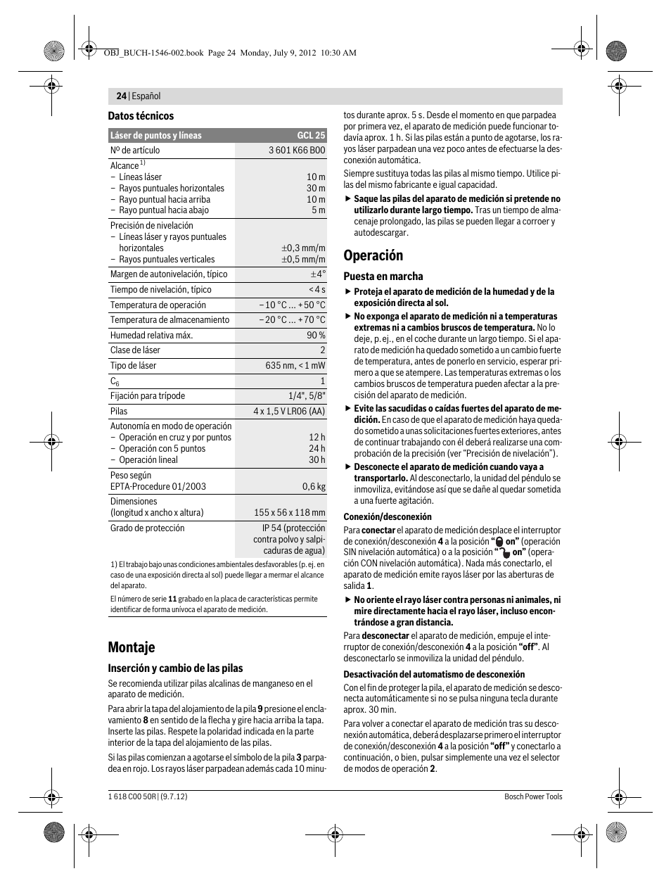 Montaje, Operación | Bosch GCL 25 Professional User Manual | Page 24 / 190