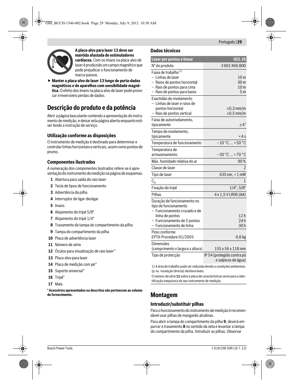 Descrição do produto e da potência, Montagem | Bosch GCL 25 Professional User Manual | Page 29 / 190