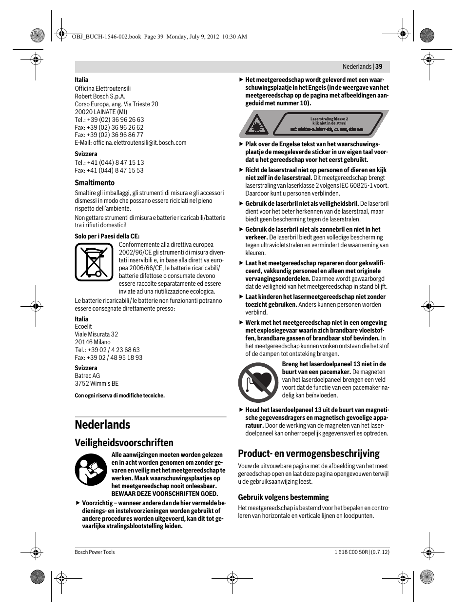 Nederlands, Veiligheidsvoorschriften, Product- en vermogensbeschrijving | Bosch GCL 25 Professional User Manual | Page 39 / 190