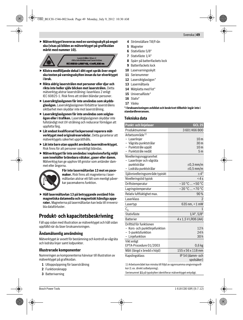 Produkt- och kapacitetsbeskrivning | Bosch GCL 25 Professional User Manual | Page 49 / 190