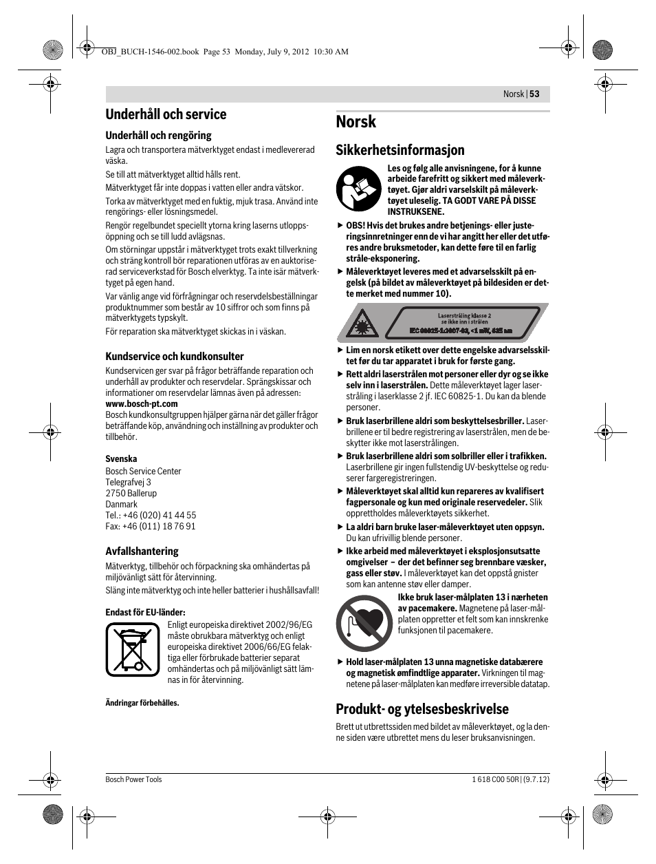 Norsk, Underhåll och service, Sikkerhetsinformasjon | Produkt- og ytelsesbeskrivelse | Bosch GCL 25 Professional User Manual | Page 53 / 190