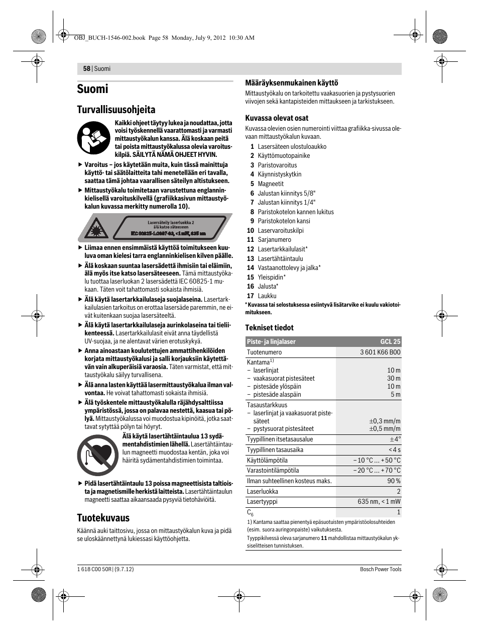 Suomi, Turvallisuusohjeita, Tuotekuvaus | Bosch GCL 25 Professional User Manual | Page 58 / 190