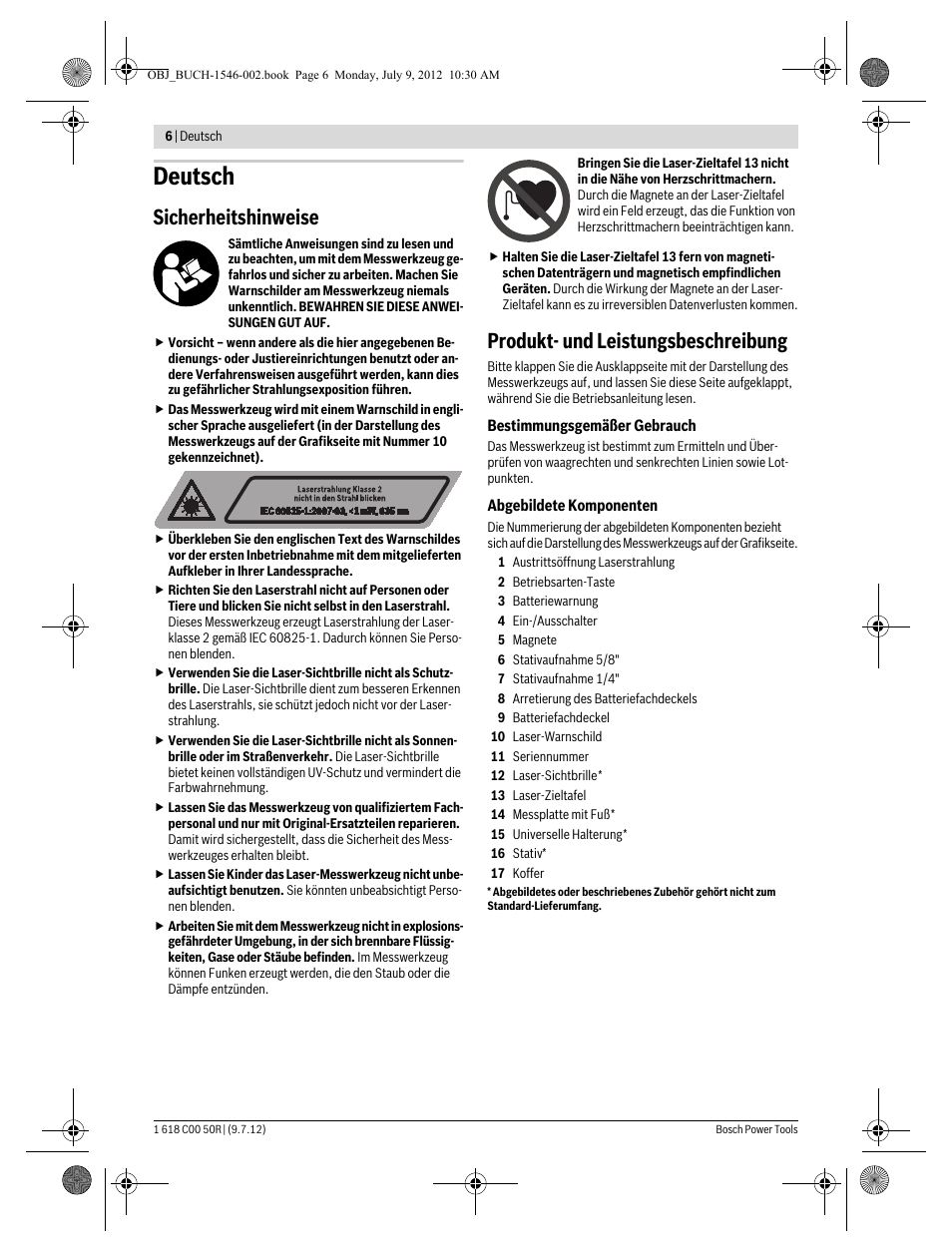 Deutsch, Sicherheitshinweise, Produkt- und leistungsbeschreibung | Bosch GCL 25 Professional User Manual | Page 6 / 190