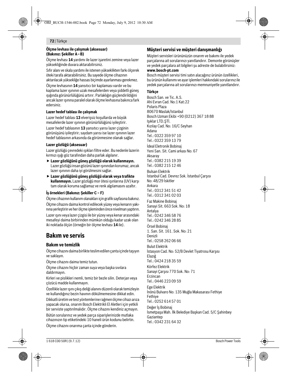 Bak m ve servis | Bosch GCL 25 Professional User Manual | Page 72 / 190