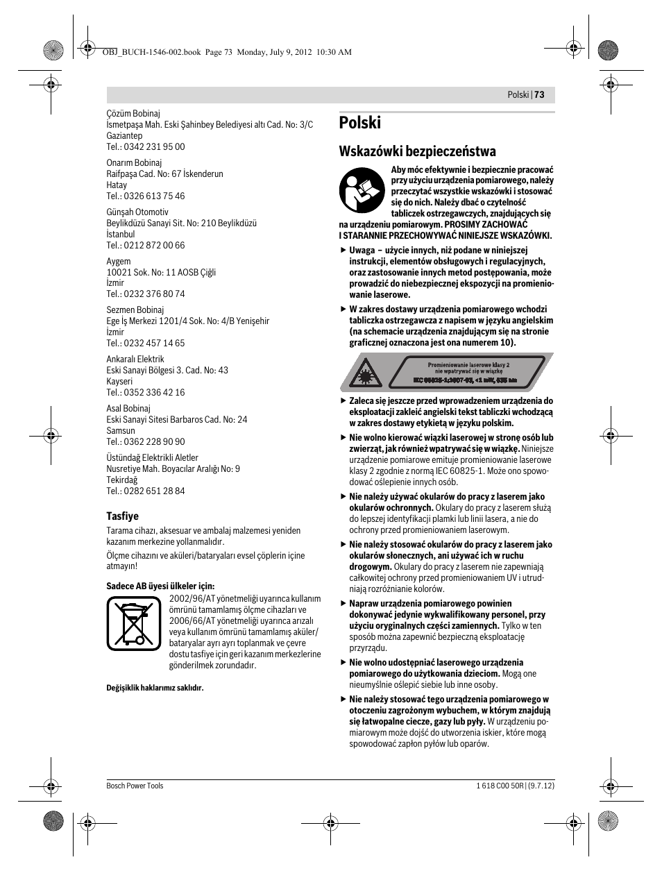 Polski, Wskazówki bezpieczeństwa | Bosch GCL 25 Professional User Manual | Page 73 / 190