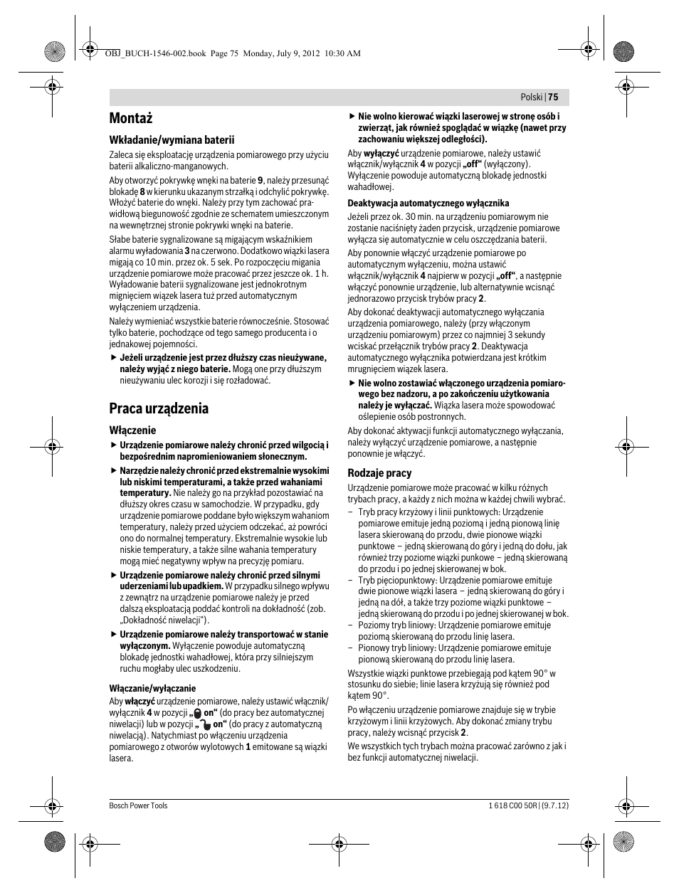 Montaż, Praca urządzenia | Bosch GCL 25 Professional User Manual | Page 75 / 190