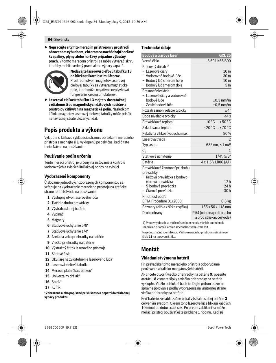 Popis produktu a výkonu, Montáž | Bosch GCL 25 Professional User Manual | Page 84 / 190