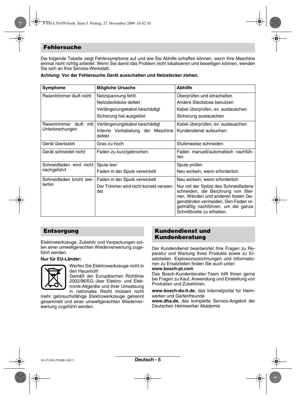 Fehlersuche, Entsorgung kundendienst und kundenberatung | Bosch ART 23 EASYTRIM User Manual | Page 10 / 164