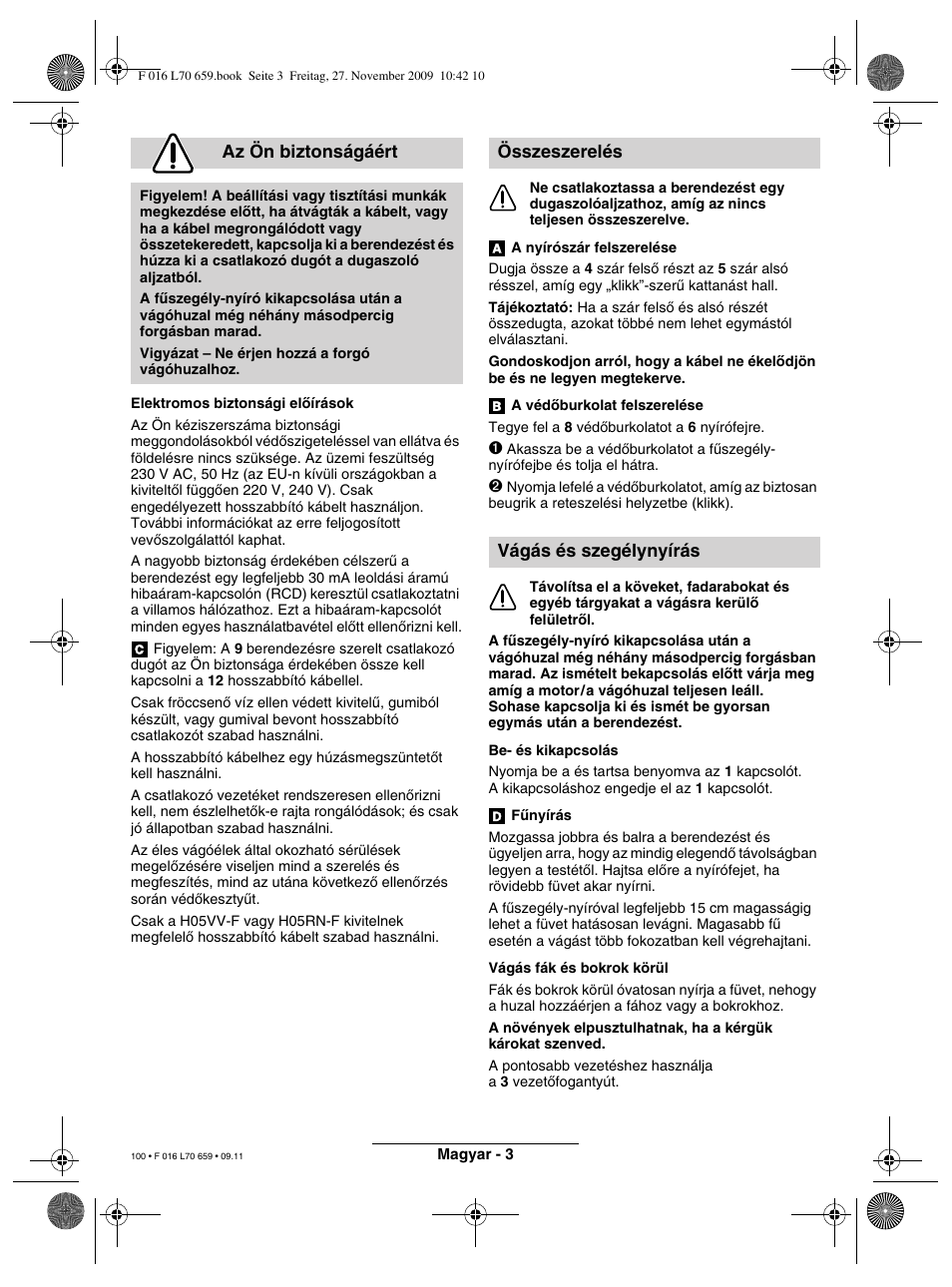 Az ön biztonságáért, Összeszerelés vágás és szegélynyírás | Bosch ART 23 EASYTRIM User Manual | Page 100 / 164