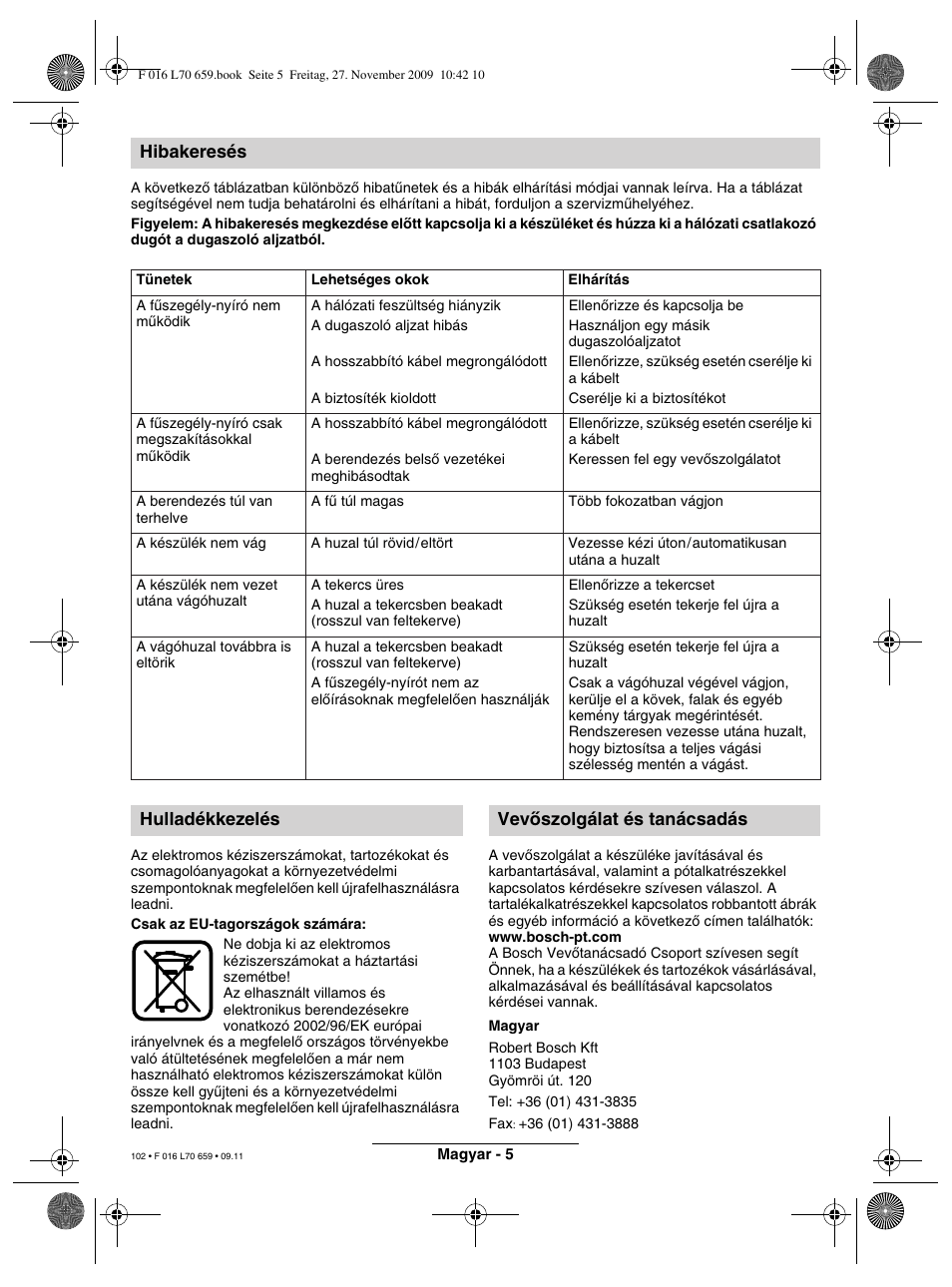 Hibakeresés, Hulladékkezelés vevœszolgálat és tanácsadás | Bosch ART 23 EASYTRIM User Manual | Page 102 / 164