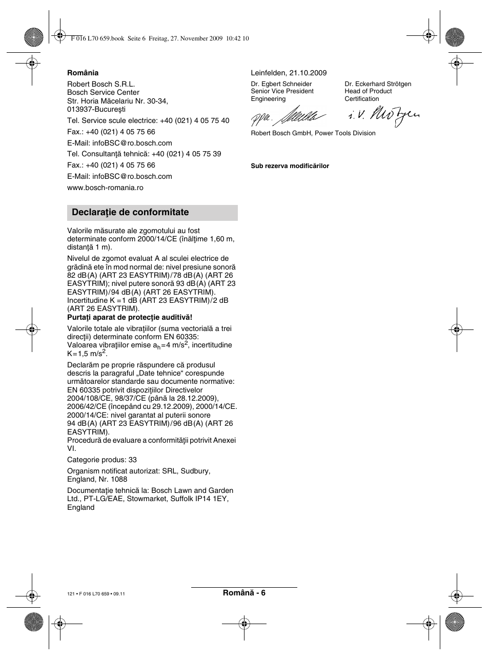 Declaraøie de conformitate | Bosch ART 23 EASYTRIM User Manual | Page 121 / 164