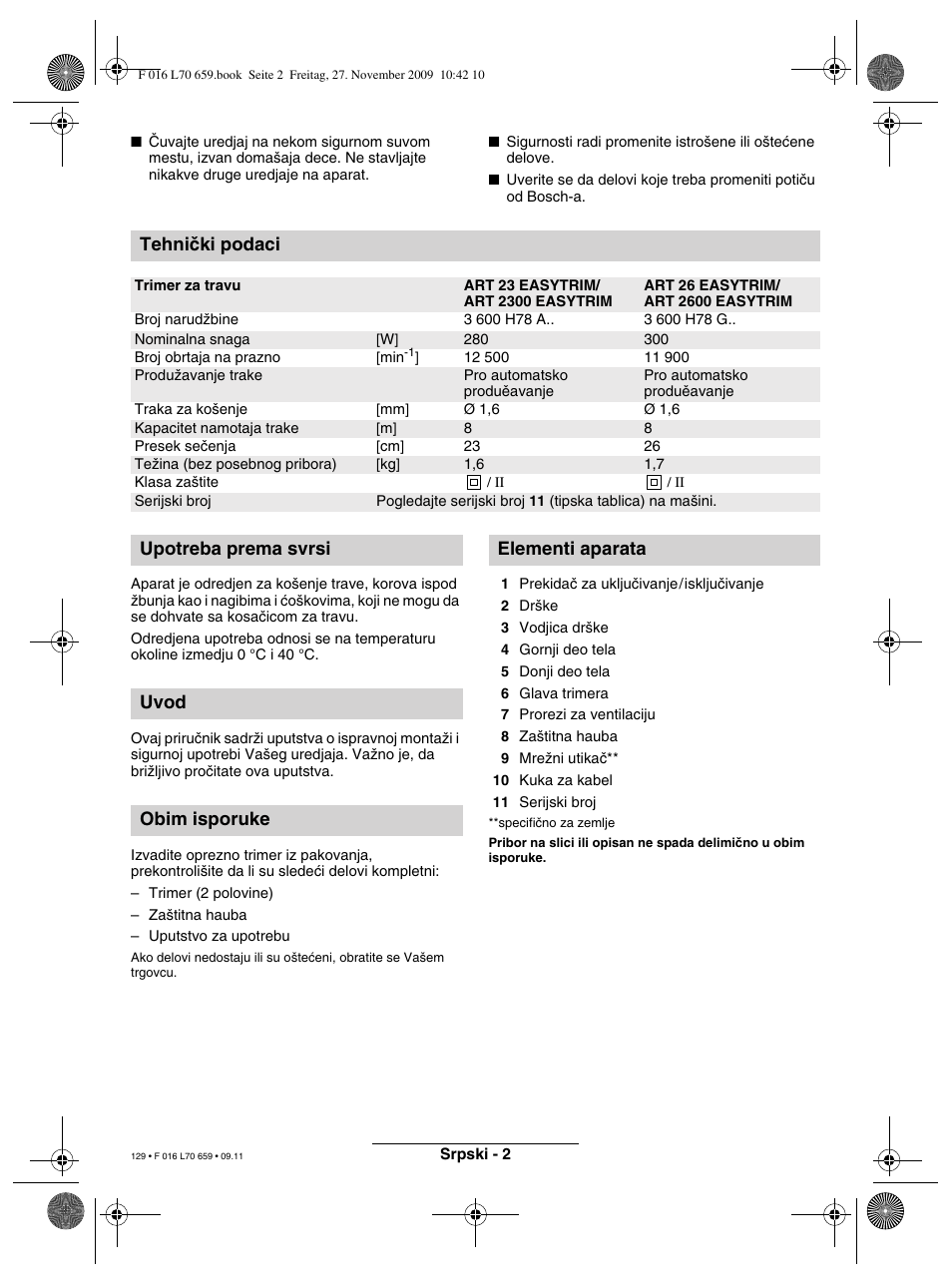 Tehniãki podaci | Bosch ART 23 EASYTRIM User Manual | Page 129 / 164