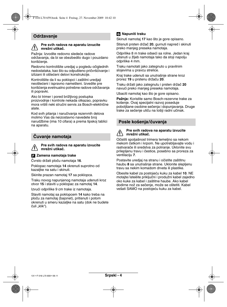 Odrïavanje âuvanje namotaja, Posle ko‰enja/ãuvanja | Bosch ART 23 EASYTRIM User Manual | Page 131 / 164