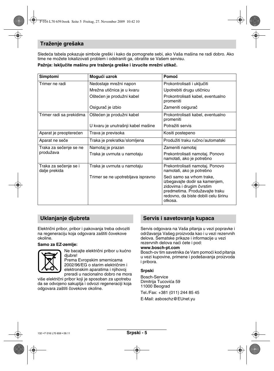 Traïenje gre‰aka, Uklanjanje djubreta servis i savetovanja kupaca | Bosch ART 23 EASYTRIM User Manual | Page 132 / 164