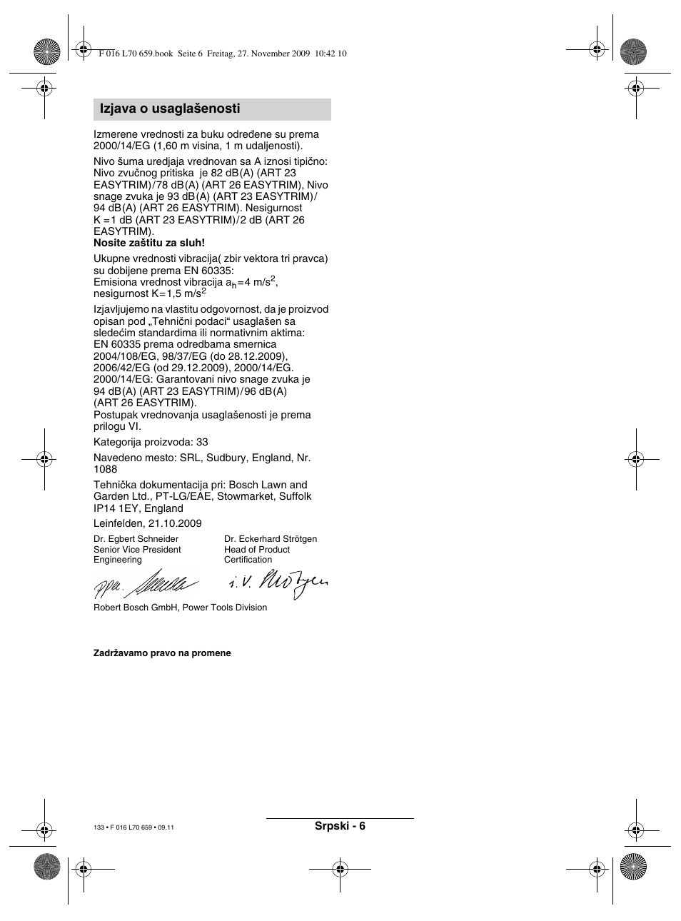 Izjava o usagla‰enosti | Bosch ART 23 EASYTRIM User Manual | Page 133 / 164