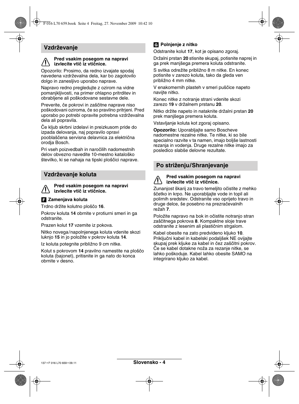 Vzdrïevanje vzdrïevanje koluta, Po striïenju/shranjevanje | Bosch ART 23 EASYTRIM User Manual | Page 137 / 164