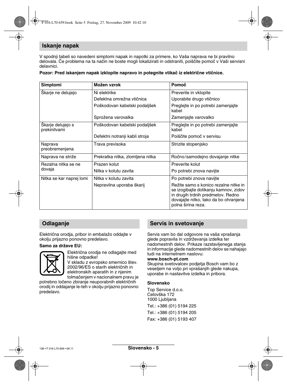 Iskanje napak, Odlaganje servis in svetovanje | Bosch ART 23 EASYTRIM User Manual | Page 138 / 164