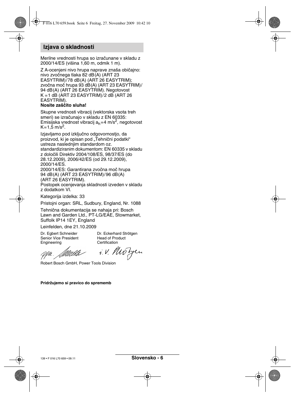 Izjava o skladnosti | Bosch ART 23 EASYTRIM User Manual | Page 139 / 164