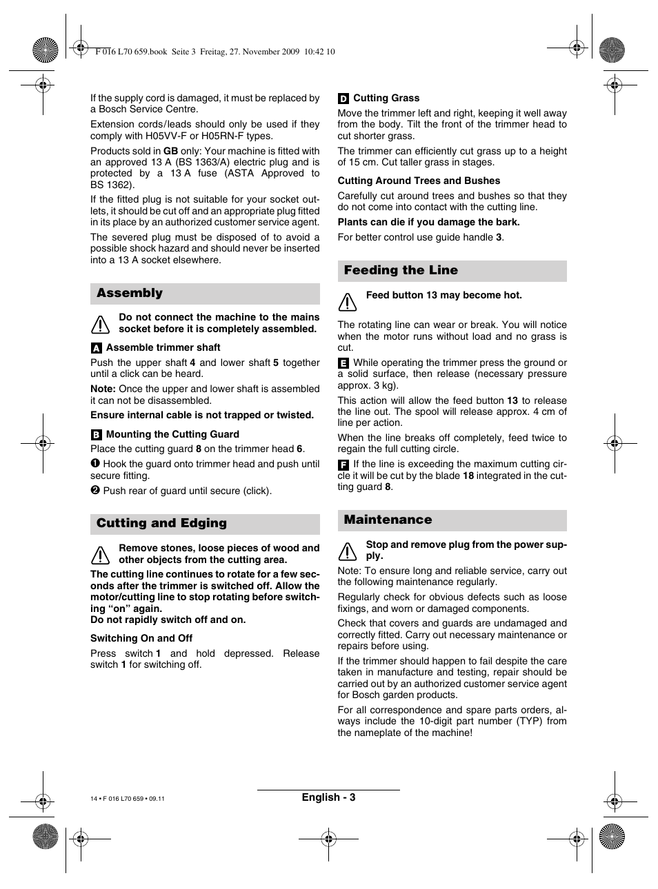 Assembly cutting and edging, Feeding the line maintenance | Bosch ART 23 EASYTRIM User Manual | Page 14 / 164