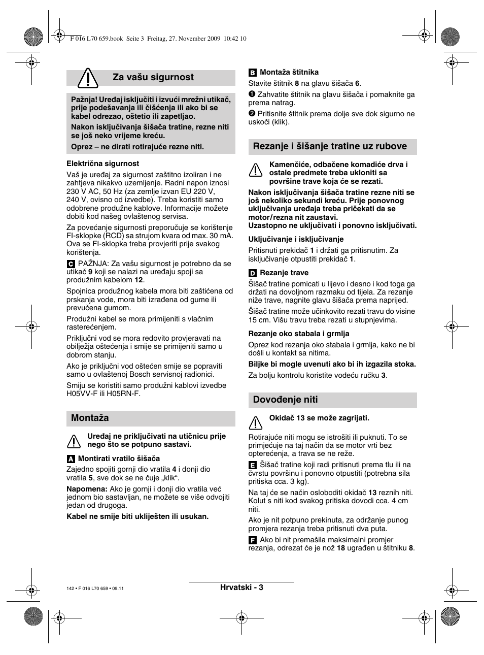 Za va‰u sigurnost, Montaïa, Rezanje i ‰i‰anje tratine uz rubove dovo∂enje niti | Bosch ART 23 EASYTRIM User Manual | Page 142 / 164