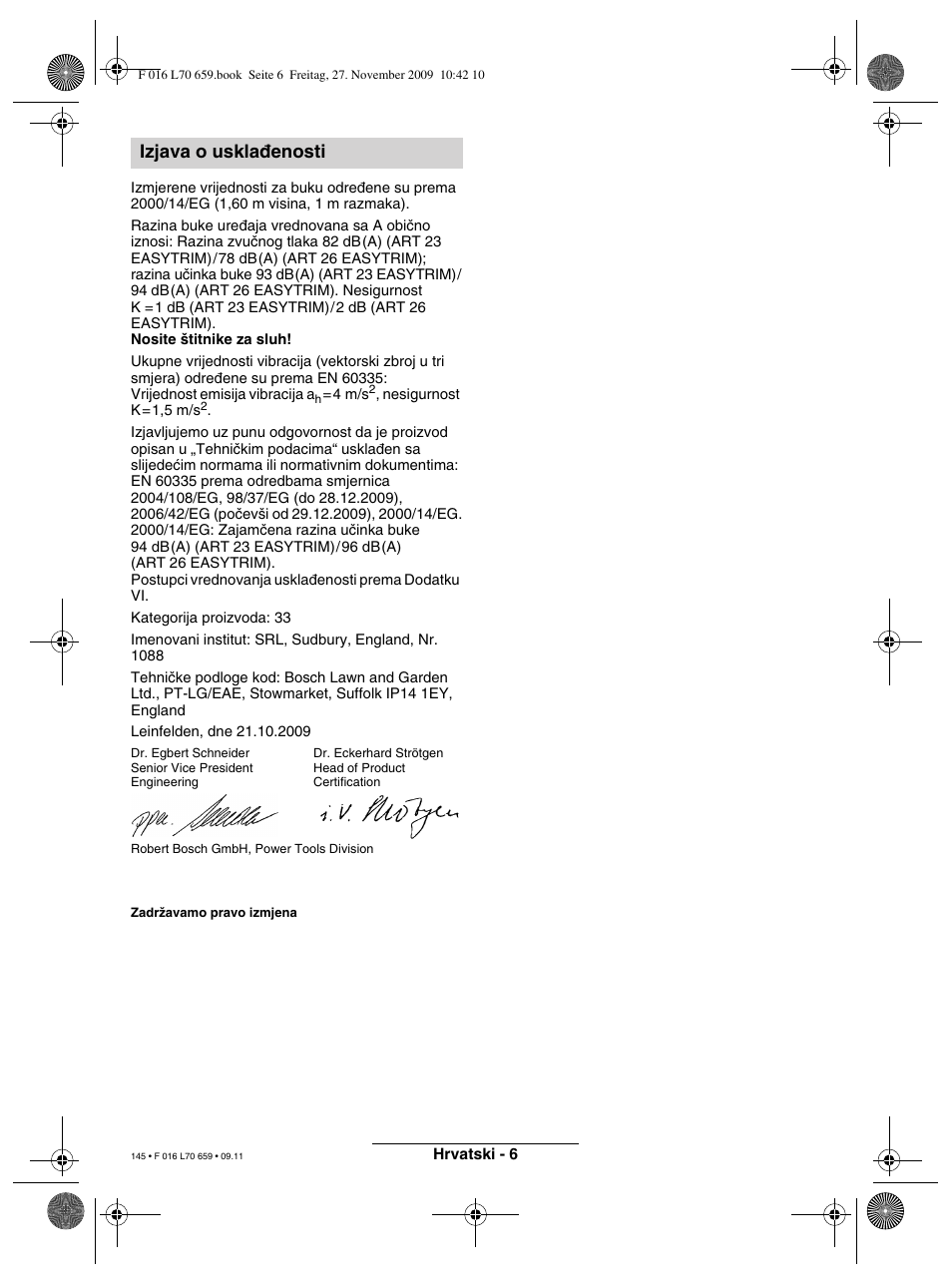 Izjava o uskla∂enosti | Bosch ART 23 EASYTRIM User Manual | Page 145 / 164