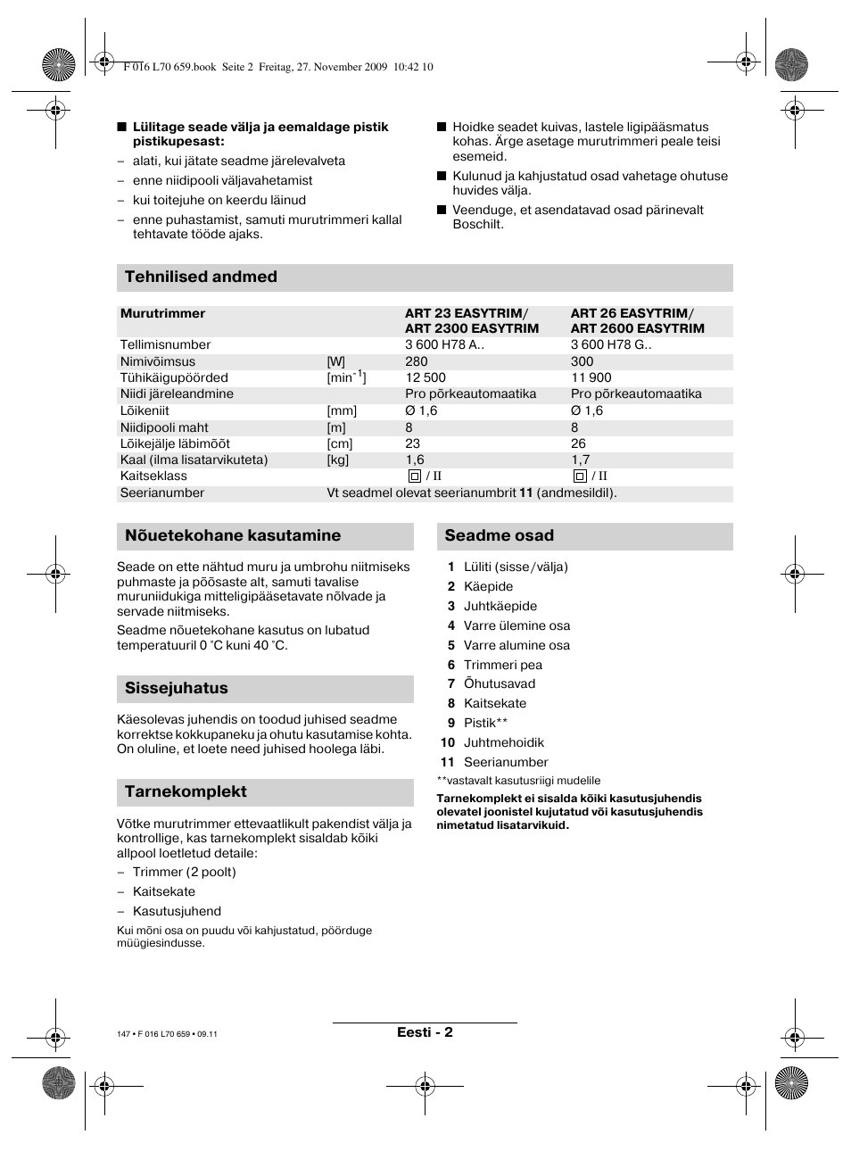 Tehnilised andmed | Bosch ART 23 EASYTRIM User Manual | Page 147 / 164