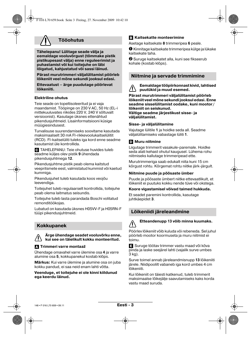 Tööohutus, Kokkupanek | Bosch ART 23 EASYTRIM User Manual | Page 148 / 164