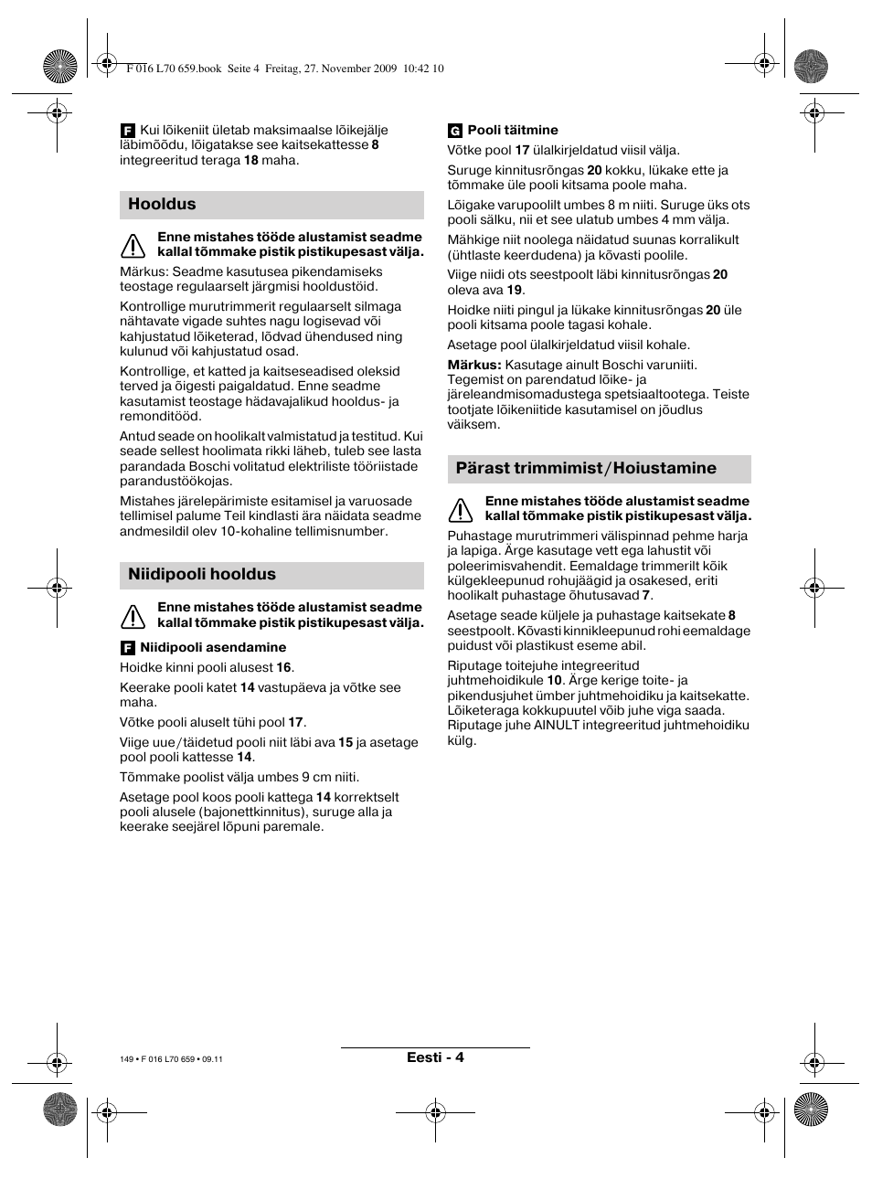 Hooldus niidipooli hooldus, Pärast trimmimist/hoiustamine | Bosch ART 23 EASYTRIM User Manual | Page 149 / 164