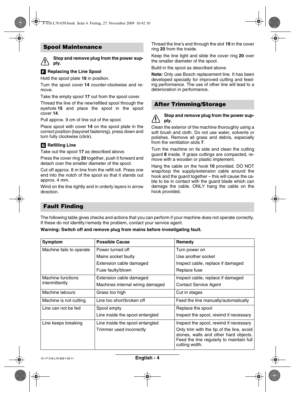 Spool maintenance, After trimming/storage fault finding | Bosch ART 23 EASYTRIM User Manual | Page 15 / 164