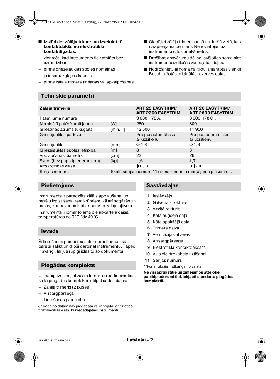 Tehniskie parametri, Pielietojums ievads piegādes komplekts sastāvda as | Bosch ART 23 EASYTRIM User Manual | Page 153 / 164