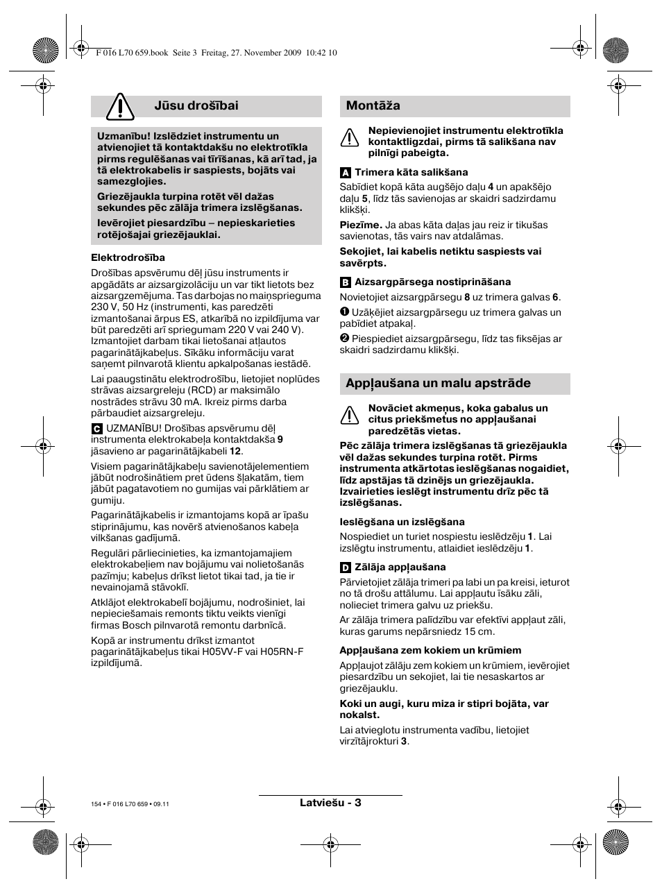 Jūsu drošībai, Montāža app aušana un malu apstrāde | Bosch ART 23 EASYTRIM User Manual | Page 154 / 164