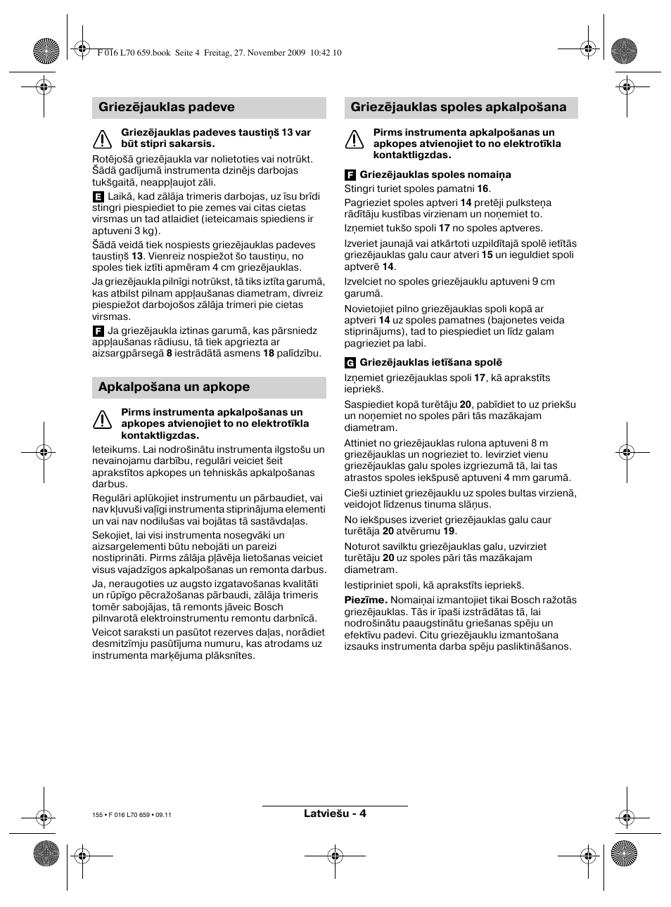 Griezējauklas padeve apkalpošana un apkope, Griezējauklas spoles apkalpošana | Bosch ART 23 EASYTRIM User Manual | Page 155 / 164