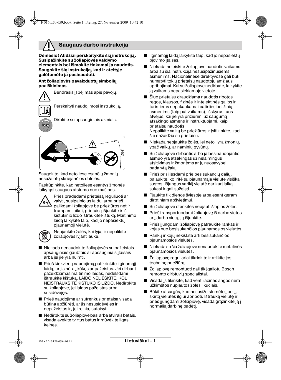 Saugaus darbo instrukcija | Bosch ART 23 EASYTRIM User Manual | Page 158 / 164