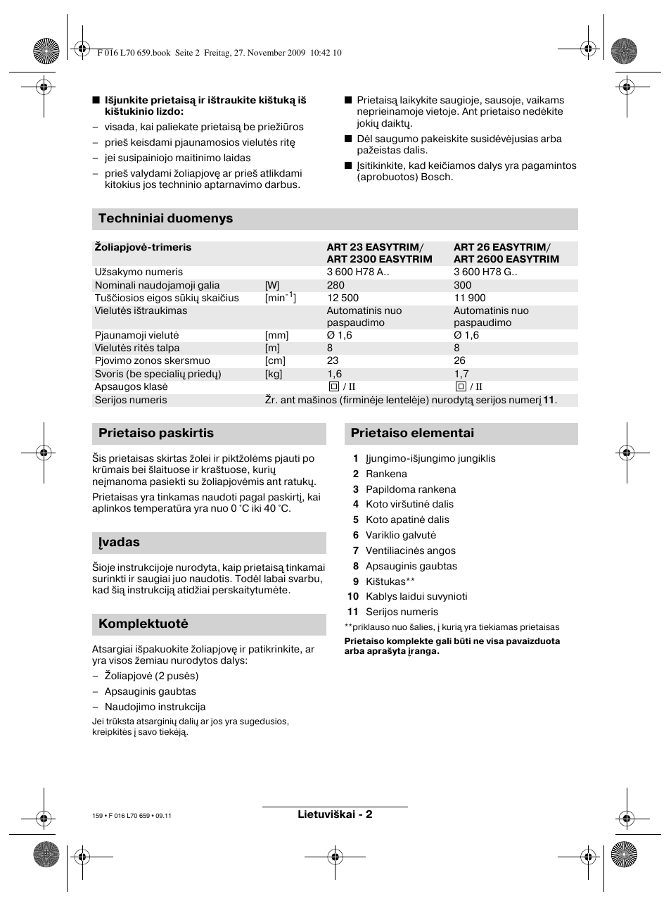 Techniniai duomenys | Bosch ART 23 EASYTRIM User Manual | Page 159 / 164