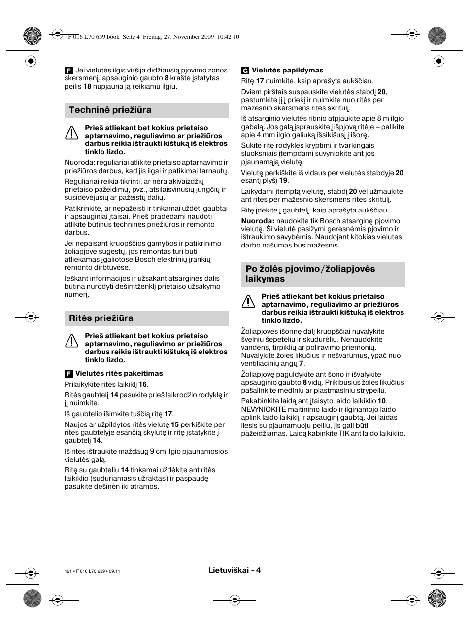 Techninė priežiūra ritės priežiūra, Po žolės pjovimo/žoliapjovės laikymas | Bosch ART 23 EASYTRIM User Manual | Page 161 / 164
