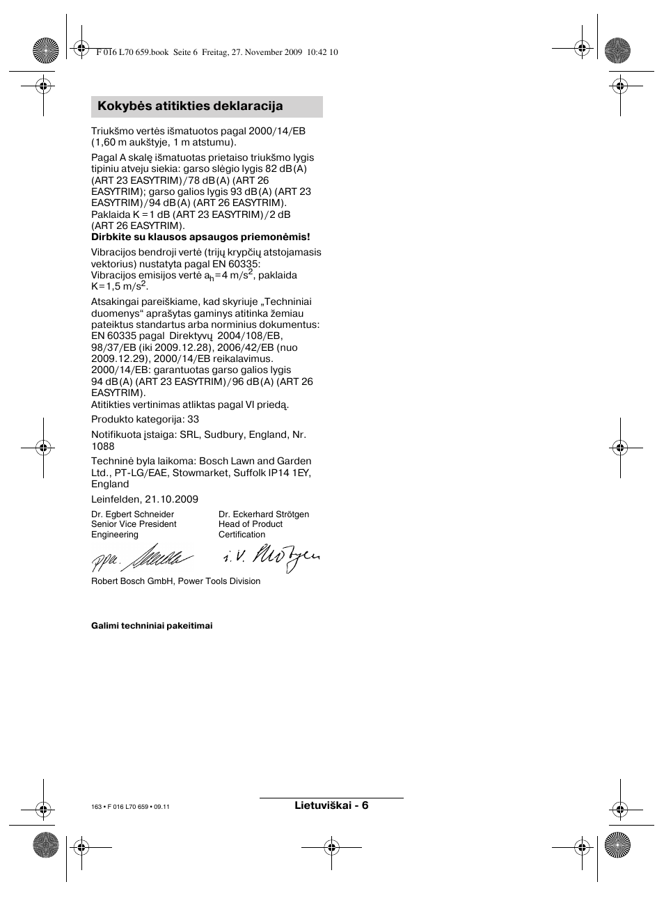 Kokybės atitikties deklaracija | Bosch ART 23 EASYTRIM User Manual | Page 163 / 164
