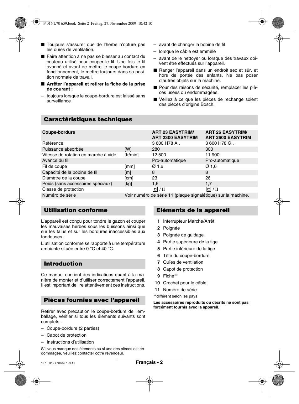Caractéristiques techniques | Bosch ART 23 EASYTRIM User Manual | Page 18 / 164