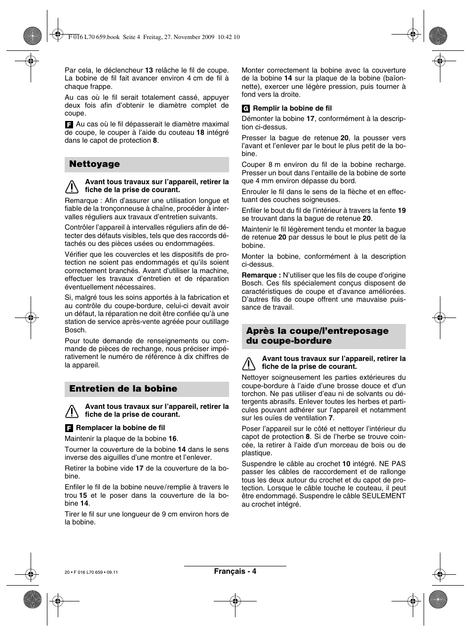 Nettoyage entretien de la bobine, Après la coupe/l’entreposage du coupe-bordure | Bosch ART 23 EASYTRIM User Manual | Page 20 / 164
