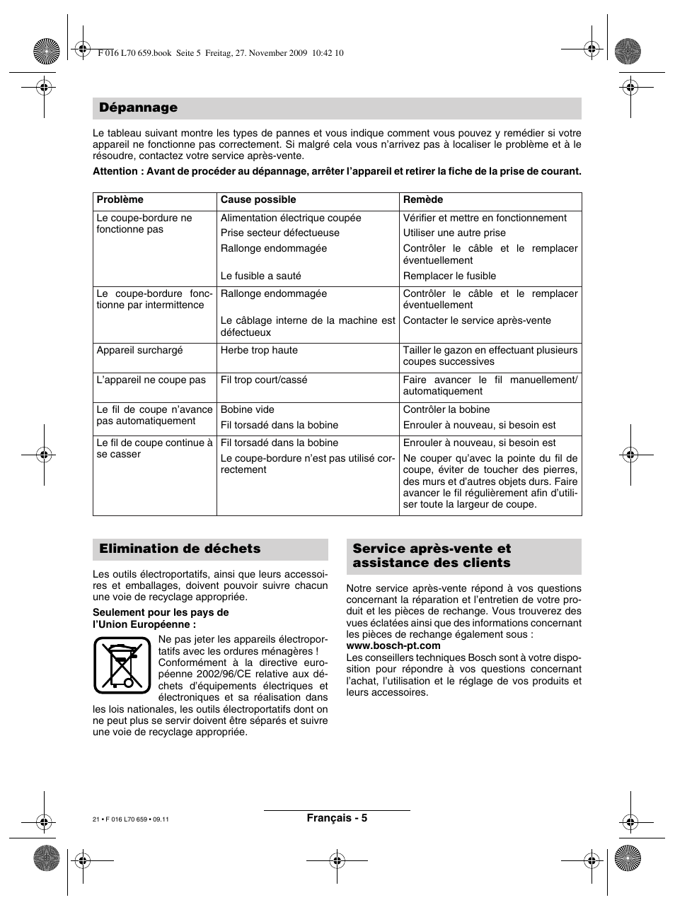 Dépannage | Bosch ART 23 EASYTRIM User Manual | Page 21 / 164
