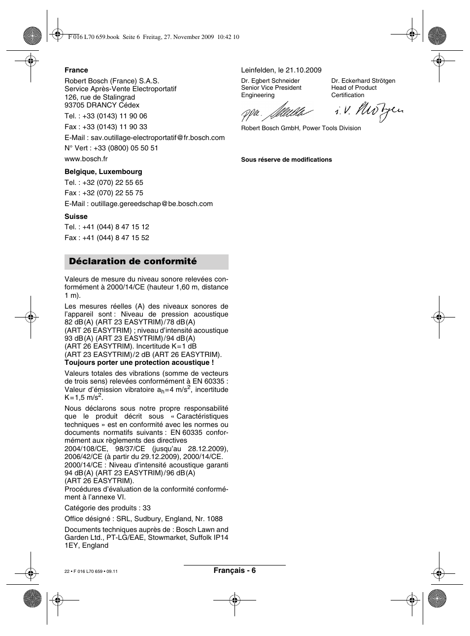 Déclaration de conformité | Bosch ART 23 EASYTRIM User Manual | Page 22 / 164