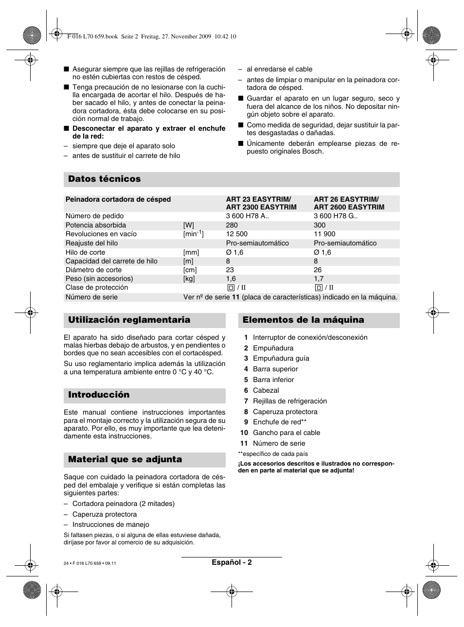 Datos técnicos | Bosch ART 23 EASYTRIM User Manual | Page 24 / 164