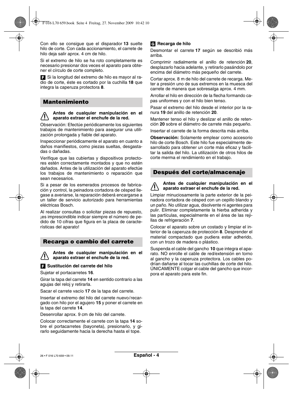 Mantenimiento recarga o cambio del carrete, Después del corte/almacenaje | Bosch ART 23 EASYTRIM User Manual | Page 26 / 164