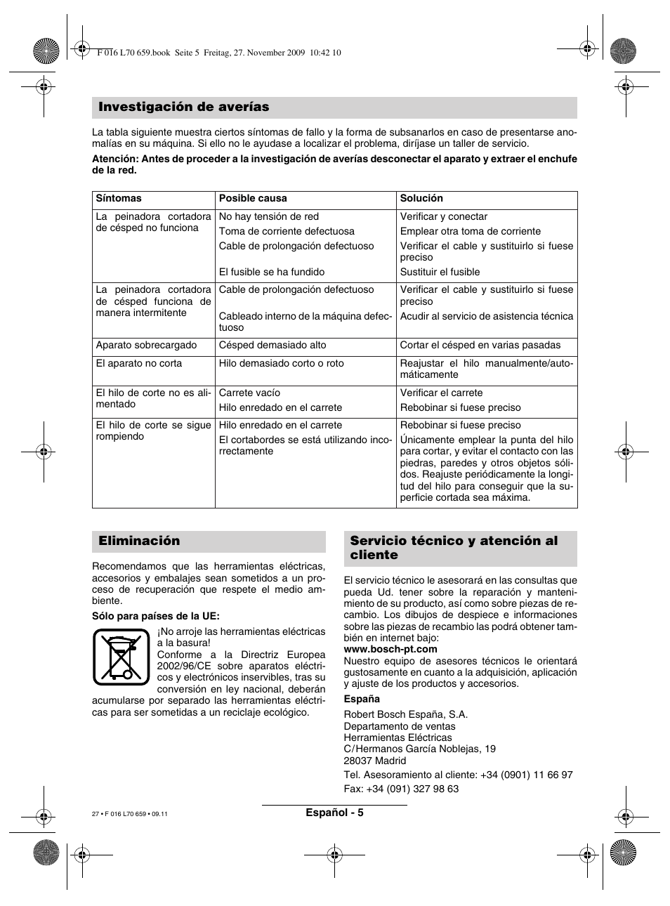 Investigación de averías, Eliminación servicio técnico y atención al cliente | Bosch ART 23 EASYTRIM User Manual | Page 27 / 164