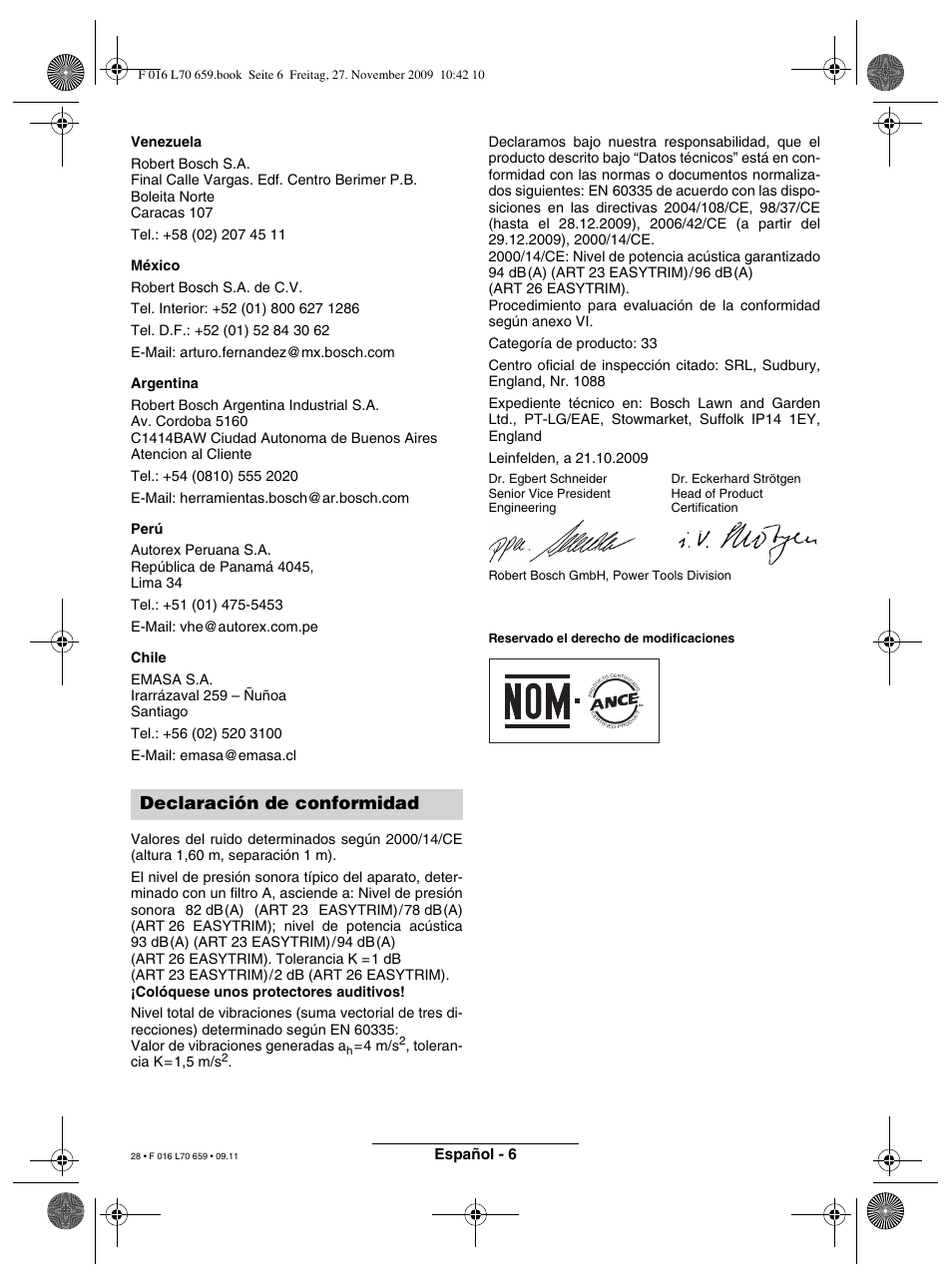 Declaración de conformidad, Español - 6 | Bosch ART 23 EASYTRIM User Manual | Page 28 / 164